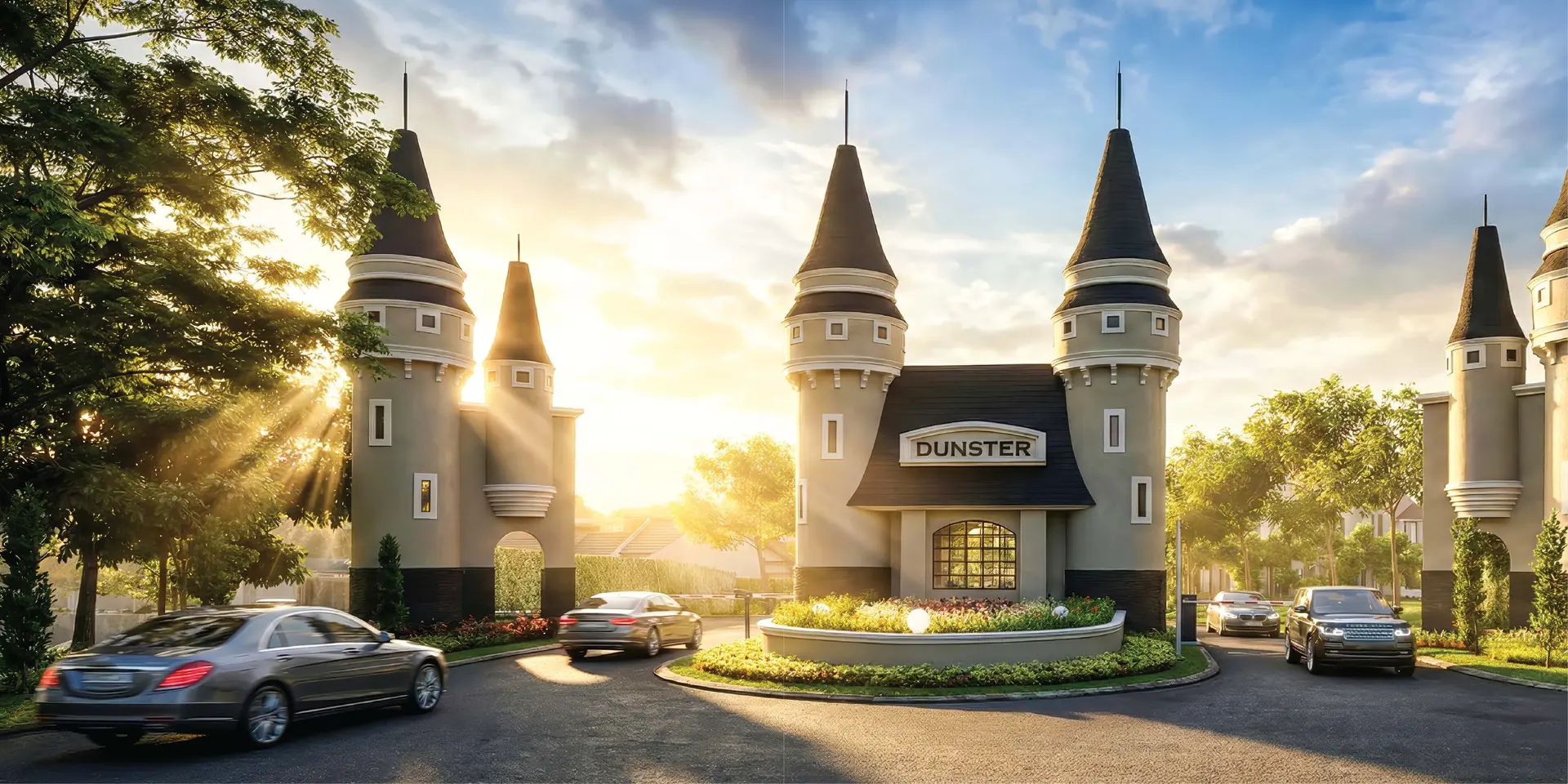 Render gerbang kastel cluster The Dunster di Royal Tajur saat matahari terbit